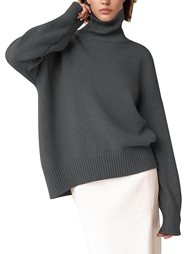 Image of YKR Women's Turtleneck Sweater Chunky Long Sleeve Knitted Pullover High Low Hem Trendy 2026 Fall Winter Basic Jumper Top