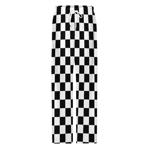 Black White Race Checkered Flag Pattern Mens Pajama Pants Wide Leg Sleep Drawstring Sleepwear Casual Loungewear3