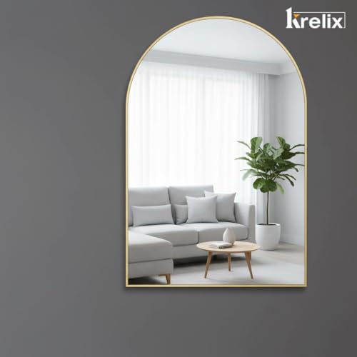 Image of 12x18 Inch Gold Arched Vanity Mirror - Modern Plastic Frame Wall Mirror for Bathroom, Bedroom & Home Decor(Gold, Cruved)