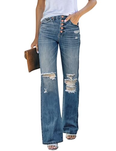 LookbookStore Womens Boot Cut Bottom Jeans Blue Mid Rise Women Distressed Jeans Cut Out Flare Pants...