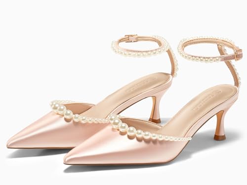 Image of Coutgo Womens Pearl Kitten Heels Closed Pointed Toe Wedding Bride Dress Shoes Ankle Strap Satin Pumps