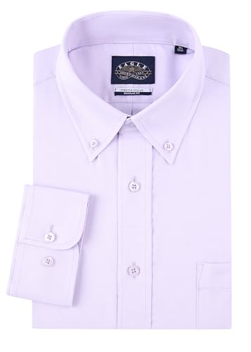 Eagle Men's Long Sleeve Oxford Dress Shirt, Purple, Button Down Collar with Stretch Technology, Regular Fit, 100% Cotton