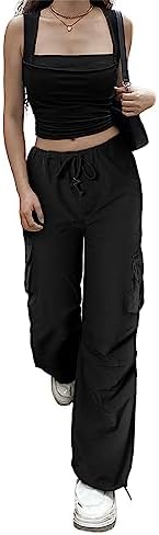 Allytok Parachute Pants for Women Baggy Y2K Drawstring Cargo Jogger Track Pants with Pockets Girls Workout Streetwear Trousers Black X-Small