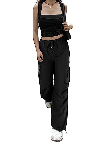 Allytok Parachute Pants For Women Baggy Y2K Drawstring Cargo Jogger Track Pants With Pockets Girls Workout Streetwear Trousers Black X-Small #TOP3