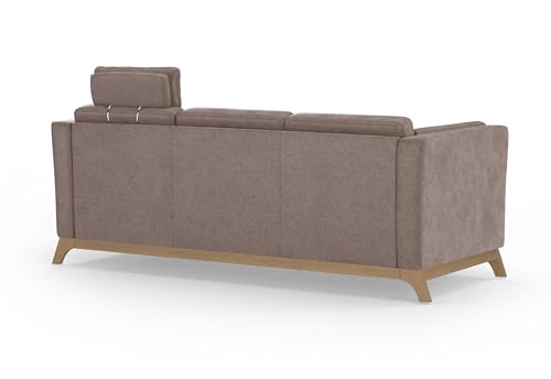 Cavadore 3er-Sofa Vida / 3-Sitzer Couch im trendigen Design mit massivem Holzrahmen in Buche, Kopfstütze mit Kuschelkissen / 213 x 84 x 93 / Mikrofaser, Hellbraun – Bild 5