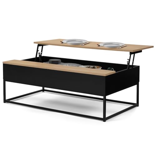 IDMarket Boston - Mesa baja negra con bandeja elevable de madera rectangular