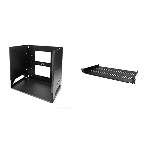 StarTech.com 8U Open Frame Wall Mount Network Rack w/Built in Shelf - 75.2lbs (WALLSHELF8U) & 1U Server Rack Shelf - Universal Vented Rack Mount Cantilever Tray 50lb/23kg 10'' Deep, Black