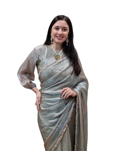 DC ELEMENTS Women Ready to Wear Saree 1 Min Pre-Pleated Stitched Sari with Blouse Indian Ethnic Designer Festive Wear (Silver)