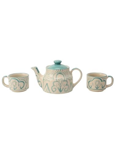 Image of miah decor Ceramic Tea Set with Kettle and Tray with 2 Cups | 500ml | Handmade Stoneware Tea Set - Cream Turquoise | Microwave & Dishwasher Safe | Food Safe | Ideal for Tea Serving & Gifting