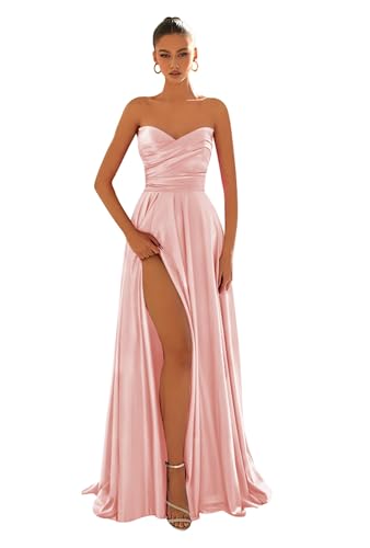 Pleated Satin Prom Dresses Long 2024 for Women Strapless Formal Evening Gown with Slit