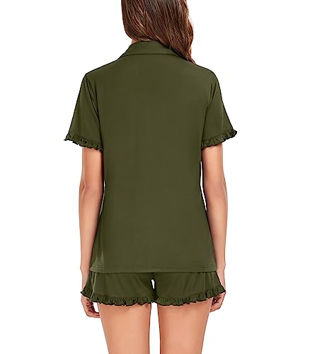 Image of SWOMOG Woman Pajama Set Short Sleeve Pjs Set 2Pcs Short Pajamas Button Down Ruffle Hem Sleepwear Soft Modal Loungewear