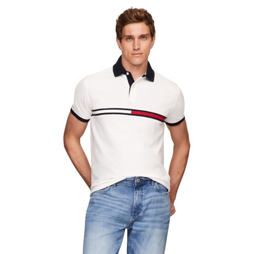 Image of Tommy Hilfiger Men's Short Sleeve Cotton Pique Flag Graphic Polo Shirt in Custom Fit