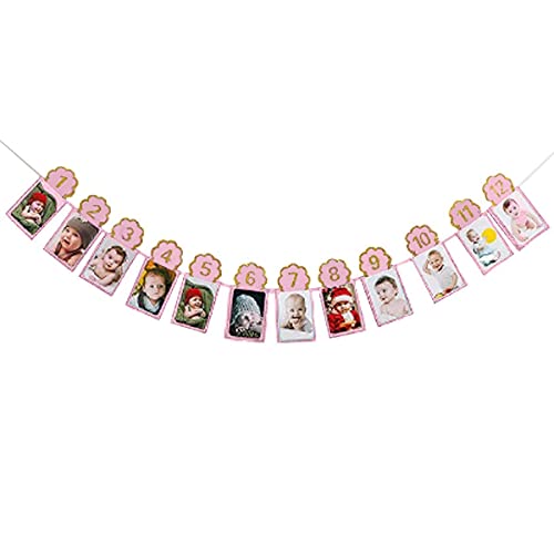 Image of Rozi Decoration 1 to 12 Months Baby Banner with Front Side Photo Space & Sweet Memory Photo Props, Milestone Banner for 1st Birthday (Pink)