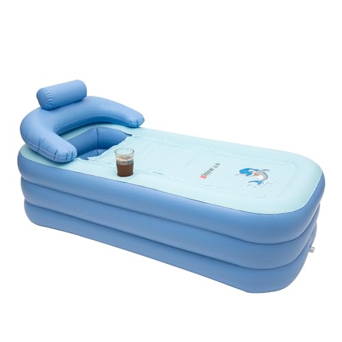 Inflatable Portable Bathtub, PVC Inflatable Pool, Foldable Spa Bathtub, Inflatable Basin, Bathtub for Adults, Children, Blue, 160x84x64cm