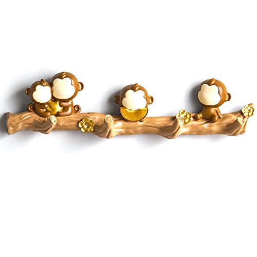 Doxiglobal Coat Hook Wall Mounted Decorative Coat Rack 4 Hooks Animals Monkey Tree Branch Wood Style Key Hooks Holder Hat Hanging #TOP6