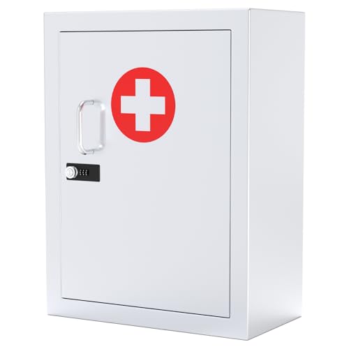 NLShan Locking Medicine Cabinet Wall-Mount: Storage Cabinet with Key Lock & Combination Lock - Metal First Aid Kits for Childproofing and Family Safety White