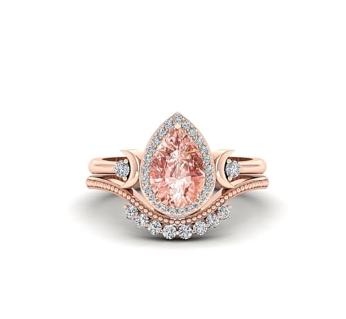 Natural Pear Shaped Morganite Engagement Ring Set For Women Vintage Stacking Unique Halo Ring 14k Bridal Promise Rose Gold Ring For Her2