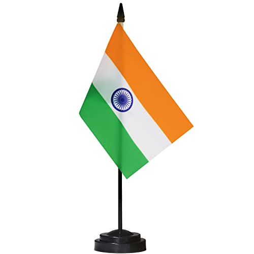 Anley India Deluxe Desk Flag Set - 6 x 4 Inch Miniature Indian Desktop Flag with 12 Solid Pole - Vivid Color and Fade Resistant - Black Base and Spear Top