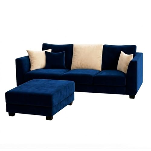 Image of SOCOZI Trevano 4 Seater L Shape Sofa Set with Movable Ottoman | Flexible Left or Right Layout | Soft Velvet Suede Fabric | Modern Design | Plush Comfort Cushions for Living Room (Dark Blue-Cream)