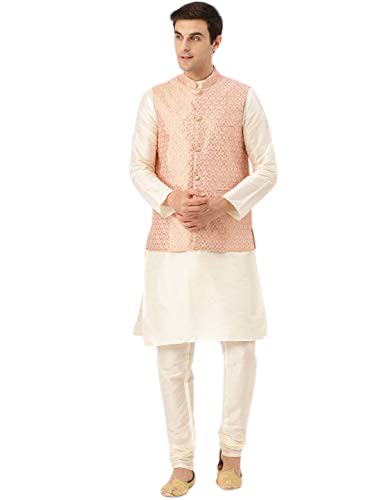 Image of SOJANYA (Since 1958 Men's Cotton Linen Maroon Kurta and White Pyjama with Mustard Cotton Nehru Jacket