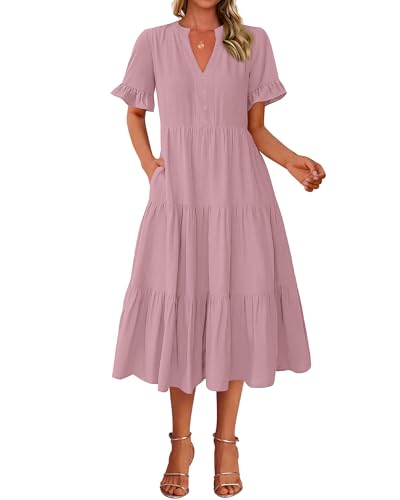 Image of BTFBM Summer Dresses for Women 2025 Vacation V Neck Loose Short Sleeve A Line Tiered Flowy Casual Midi Beach Dress