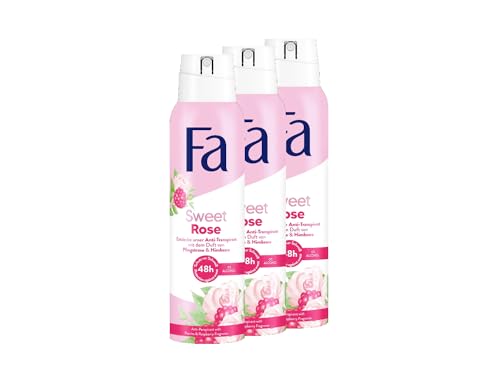 FA Desodorante en spray Sweet Rose (3 x 150 ml), desodorante con el dulce aroma de peonía y frambuesa, fórmula vegana, detiene las bacterias, sin sales de aluminio, hasta 48 horas de protección
