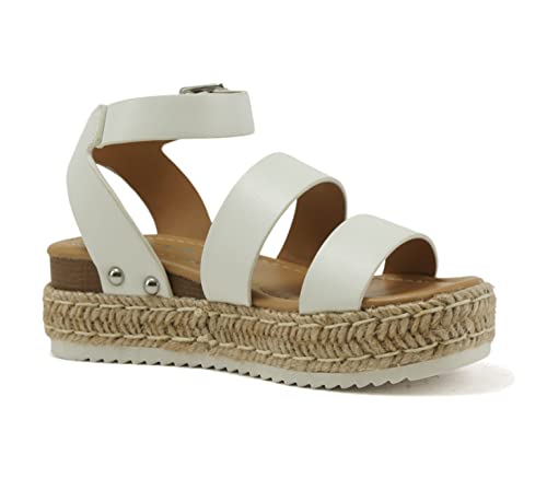 Image of Soda BRYCE-2 Kids /Children /Girls Open Toe Two Bands Espadrille Jute Platform Wedge Casual Fashion Flatform Sandals with Buckle Ankle Strap