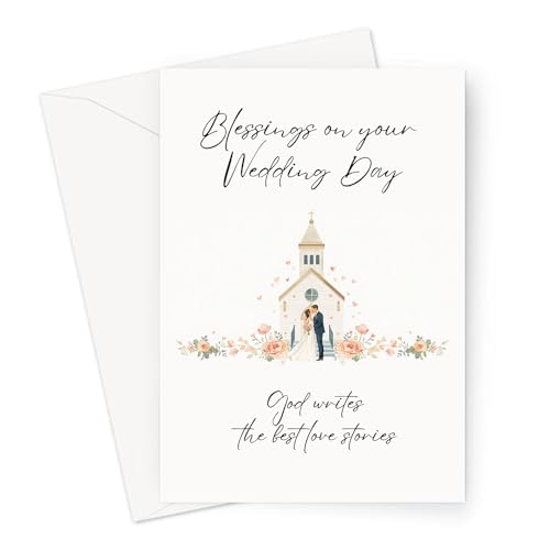 Blessings On Your Wedding Day Card for Bride and Groom | Married Couple In Front of Church Illustration with Bible Verse 1 Corinthians 13:13 | God Writes The Best Love Stories | Christian Couples | Congratulations on your Marriage For Religious Friends and Family (Blessings On Your Wedding Day, God Writes The Best Love Stories Card)