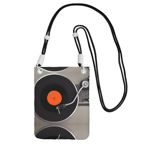 Black Carry Crossbody Purse â€“ Vintage Vinyl Record Print Mobile Phone Bag, Lightweight, Perfect for Shopping, and Outdoor Activities