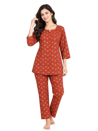 Image of 9shines Label Pure Cotton Printed Women Top & Pyjama Set | Pyjama co-ord Set | Night Suit | Lounge wear for Home | Nightwear Set for Women | Night Dress for Women Stylish (COPJ-5)