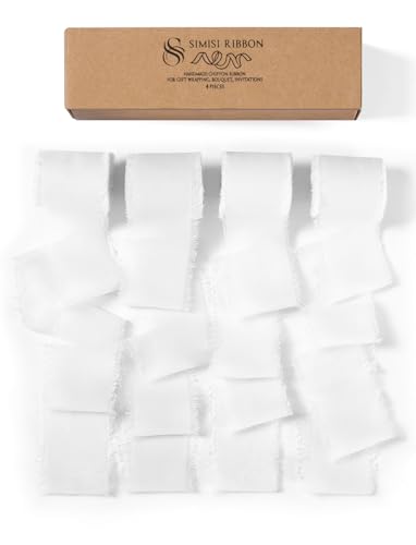 SIMISI RIBBON White Chiffon Silk Handmade Frayed Fringe Sheer Boho for Flower Bouquet, Gift Wrapping, Wedding Invitations, 1-1/2'' 5 Yards*4 Rolls
