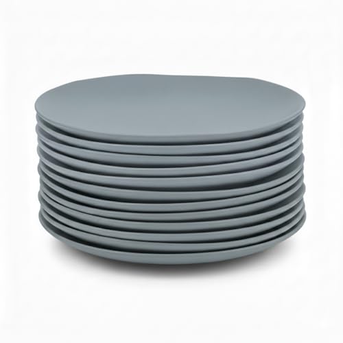 Juego de 12 platos llanos de melamina en color azul. Resistentes y ligeros, ideales para uso diario. Diámetro 28 cm. Apto para lavavajillas. No apto para microondas.