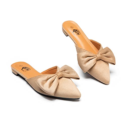 Trary Tan Mules For Women, Bow Pointed Toe Tan Mules Shoes For Women, Flats Womens Mules, Cute Bow Tan Mules For Women Flat, Slip On Women's Mules & Clogs Flats, Backless Tan Mules For Women -Khaki 11 #TOP7
