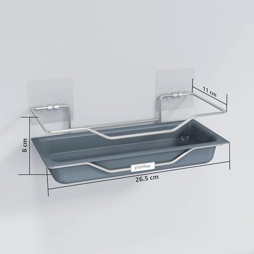 Image of Plantex ABS Plastic Self Adhesive Bathroom Shelf /Adhesive Shelf for Kitchen /Multipurpose Stainless Steel Wire Shelf /Bathroom Organiser (Silver & Grey)