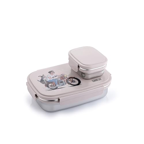 Image of Ganesh 900 Elite Stainless Steel Tiffin Box Set | 600ml Main Box + 125ml Container | Compact & Leak Resistant | Food Grade Stainless Steel Tiffin with Lid | Color May Vary