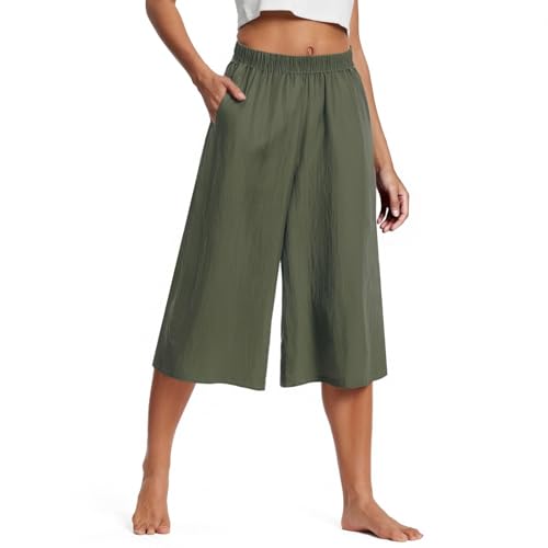 Wide Leg Capri Pants for Women Plus Size Cotton Linen Capris Casual Summer Elastic Waist Calf Length Gauze Pants