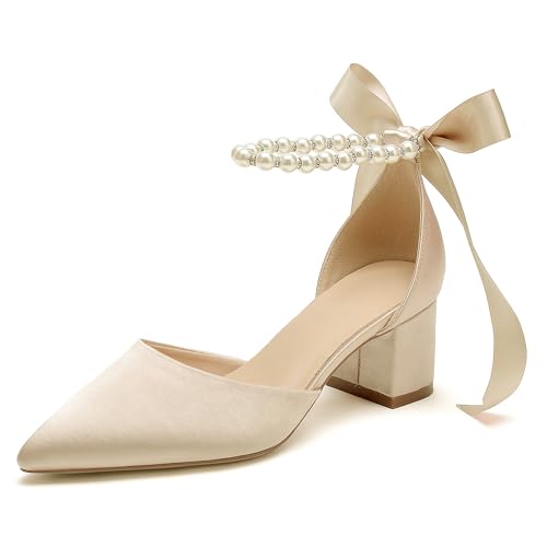 Women's White Wedding Shoes Block Heel Pearls Pointed Toe Chunky Bridal Pumps Prom Evening Shoes Sandals