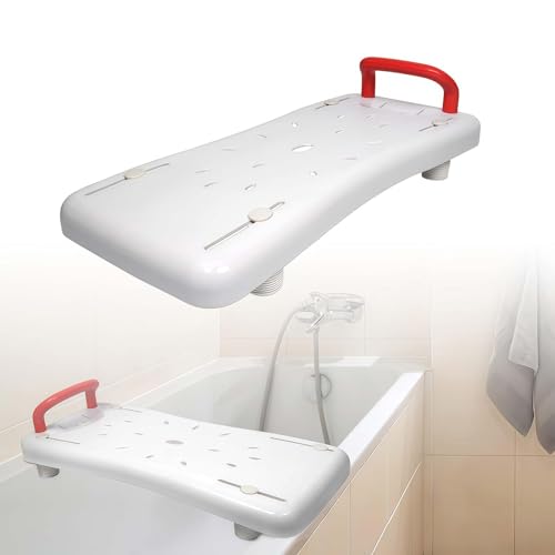 Asiento de seguridad para baño, tabla de baño ajustable para personas mayores, carga máxima de 150 kg, plástico de polipropileno con bandeja de jabón y asa, tabla de ducha para bañera