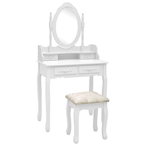 Teenpull Juego de tocador con espejo, taburete y 4 cajones, madera de paulownia, color blanco, mesa de maquillaje moderna para dormitorio, diseño elegante