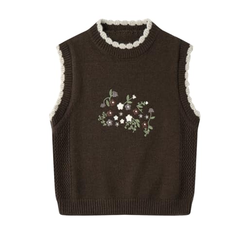 Mud Kingdom Sleeveless Sweater Vest for Little Girl Brown Flower Embroidery Knitted Crewneck Top Casual Size 6