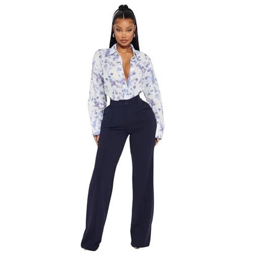 Charyeah Women Stretchy Dress Pants Wrinkle Free Work Pants Fashion Button Wide Leg Pants Business Casual Trousers 2025 (US, Alpha, Large, Regular, Regular, Navy Blue)