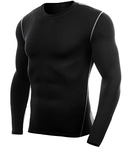 Vogyal Men's Dry Fit Crew Neck Athletic Compression Long Sleeve Baselayer Workout T-Shirts, One Piece_Black, Large