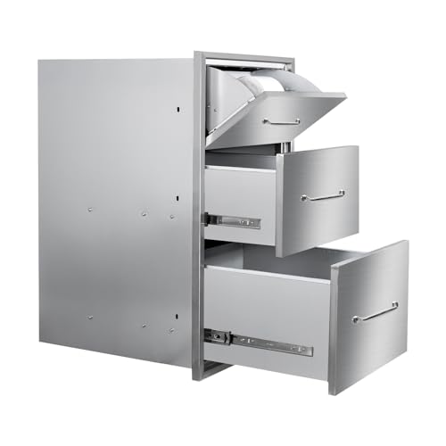 Image of Outdoor Kitchen Drawers with Paper Towel Holder 17 inch W x 30 inchH Flush Mount BBQ Drawers with Chrome Handle,Stainless Steel Built-in Triple Access Drawers for Outdoor Kitchen Island, Patio Grill Station