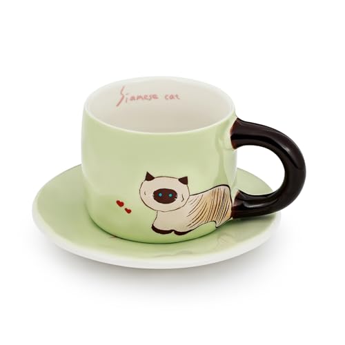 Taza con ilustración de gato verde de cerámica miniatura 1