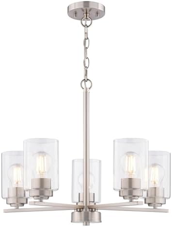 VAXCEL Park Ridge 5-Light 21 in. Wide Satin Nickel Round Chandelier, Clear Glass Shade, LED Compatible, Hanging Ceiling Pendant Fixture for Dining Table Kitchen Entry Bedroom Island Foyer