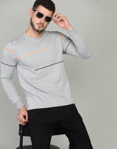 Image of INKKR Striped Men's Round Neck LightGrey Full Sleeve T-Shirt