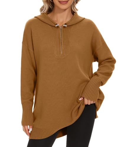Image of Women's Hooded Sweater Loose Half Zip Drawstring Pullover Sweatshirt Top Casual Long Sleeve Side Slit Knit Hoodie