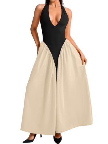 Image of ChiaoLezhee Deep V Neck Dress, Halter Maxi Dresses, Vacation Date Night, Sexy for Women Corset Flowy Wedding Guest Drop Waist