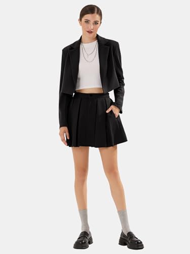 EXLURA Women's Long Sleeve Blazer Suit Sets with Pleated Mini Skirt Fall 2 Piece Outfits Trendy Y2K Fashion Clothes Black