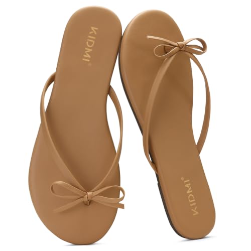 KIDMI Thong Flip Flops for Women - Memory Foam Summer Beach Sandals for Women - Vegan Leather Flat Sandals,Bow Taupe EU 38